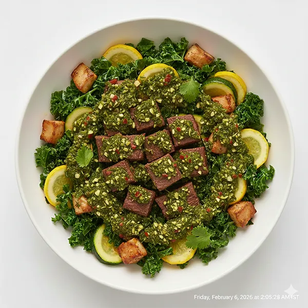 Argentinian Chimichurri Steak Strips With kale Marrow Medley